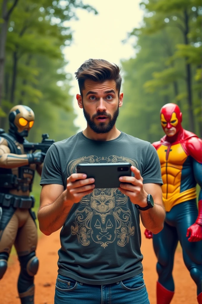 "Create an image of a person holding a foldable smartphone with a surprised expression. The smartphone screen is split into two parts: the left side shows a first-person shooter game in a forest setting, while the right side displays two superhero characters, one in a red suit with black accents and the other in a yellow and blue suit, standing together in a similar forest environment. The background should be plain (HIGHLIGHT MR JEERY 307to keep the focus on the person and the phone. The person should have a modern hairstyle, trimmed beard, and be casually dressed."