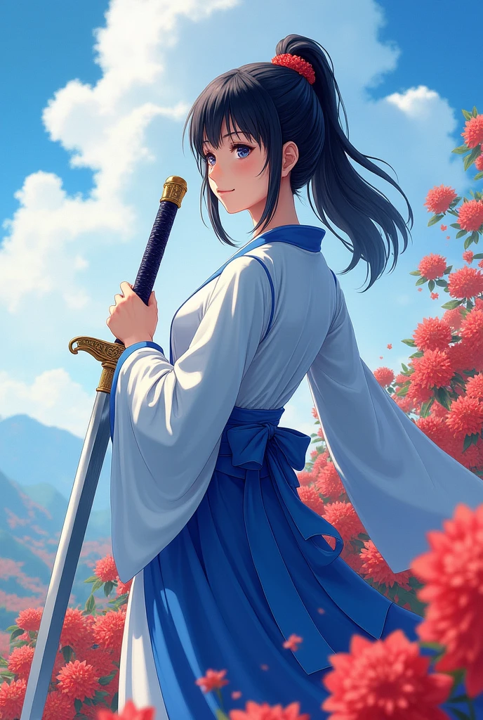 Kamisato Ayaka holds a sword,Red flowers in the background
