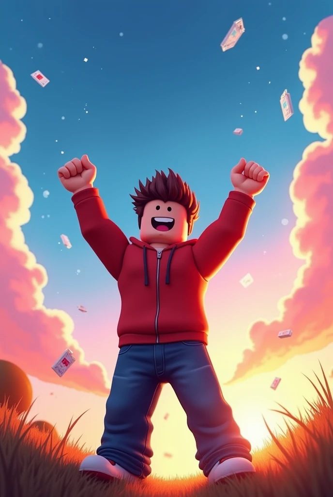 Roblox game dummy single man raising both hands cool sky in the background