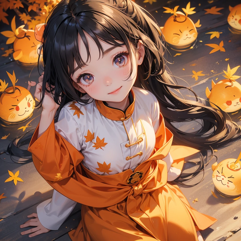 A chibi child girl had a small face and Wearing a black little Taoist priest's outfit. A pair of big round eyes shone with curiosity about him. This child was so cute!, Burning joss paper and gold paper for the departed spirits, her hair is black with two buns on her hair.small chibi, chibi baby, smiling.

The little chibi baby looked up with his chest raised, and his face was old and proud.

The backdrop is a mountain that turns orange-red in spring, and maple leaves fall from the trees.

 

