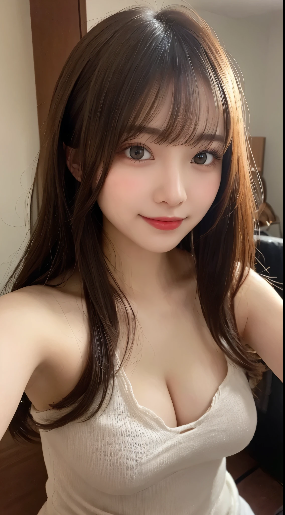 Tabletop, Highest quality, shape, Very detailed, finely, High resolution, 8k wallpaper, 完璧なダイナミックな構shape, Beautiful and detailed, Small breasts,Natural color lip, smile、20-year-old girl、cute、sexy shot looking at camera,Always blur the background,Perfect and beautiful face,Take a picture of only the face,Beautiful and elaborate face、Slim face and figure,Big eyes、Putting on gal makeup,Actual Photos