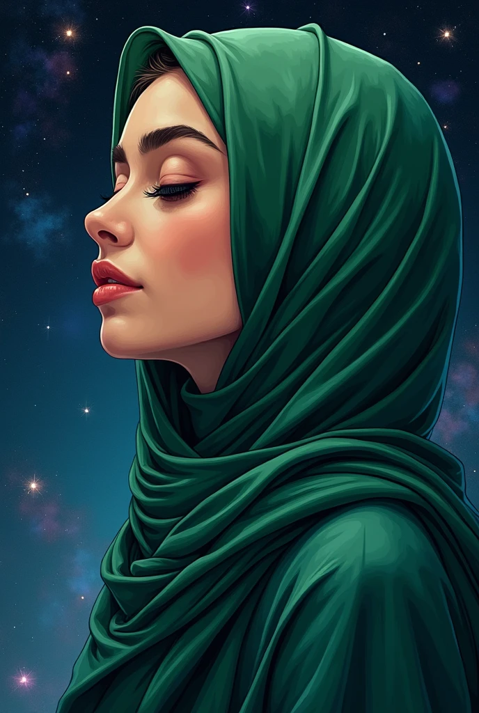 manga style, arabic woman with green kaki hijab, no smile, eyes closed, no visible hair, dark galaxy background, dark brightness, no teeth, profile picture 