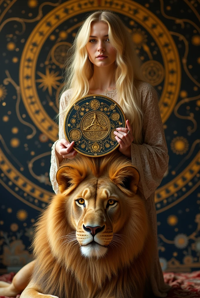 A blonde woman, Magic Golden Leo astrolabe，Yellow-haired people，Next to the lion.