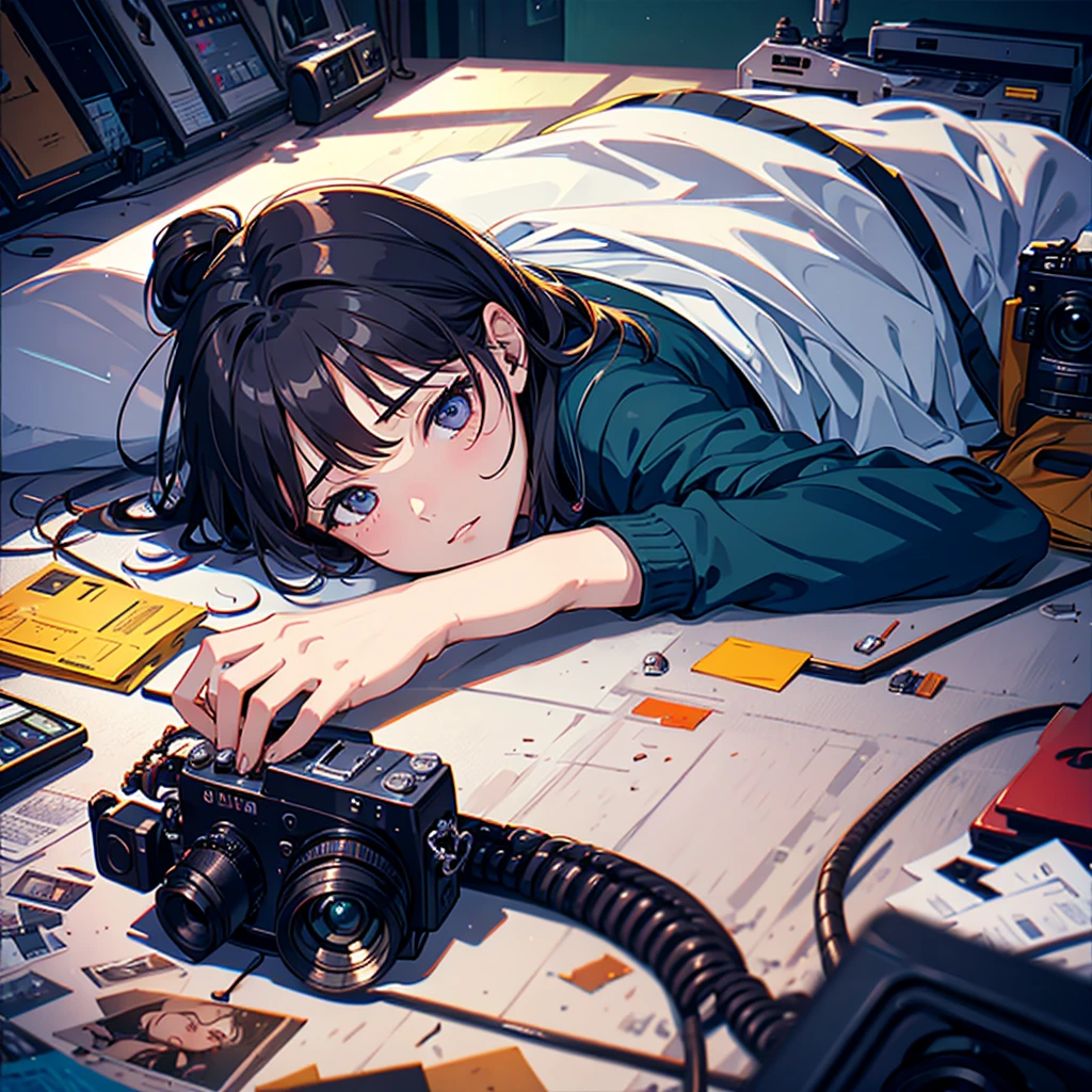 girl lying face down in messy room depressing
top view
top camera angle