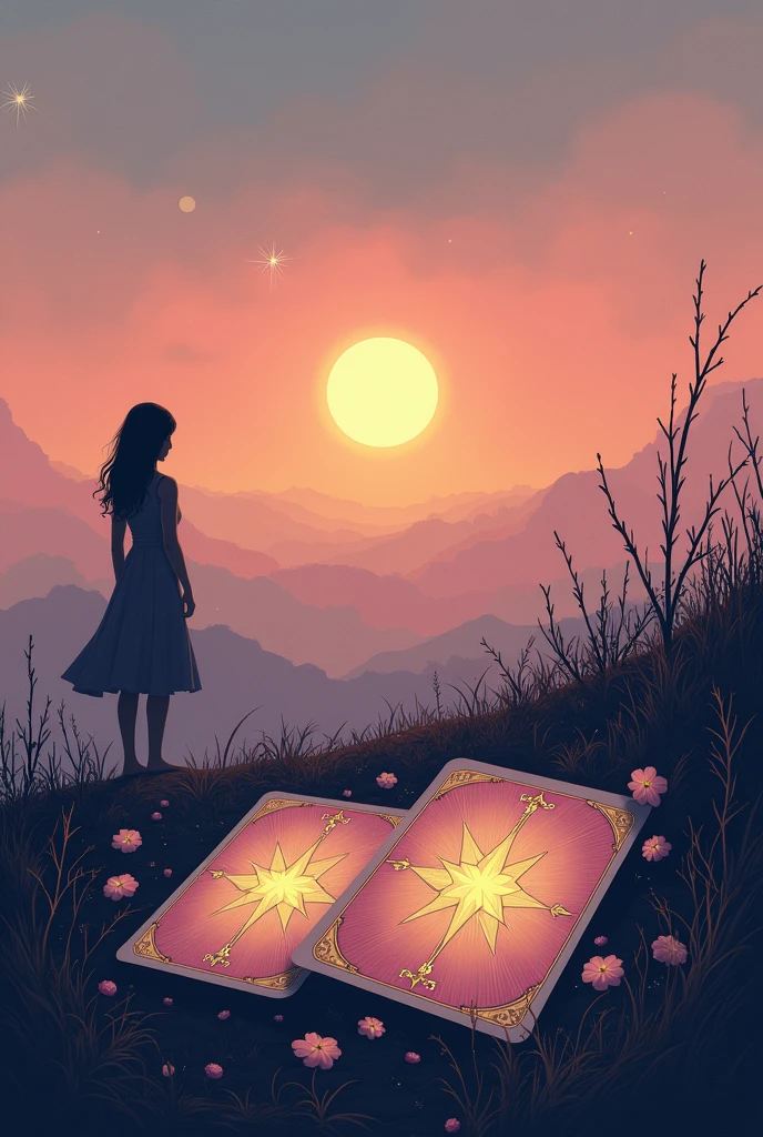 Against the backdrop of a pale evening sky、An illustration expressing the sadness and hope of unrequited love。In the center of the screen is、Tarot Cards『star』are arranged so that they stand out.、It symbolizes hope.。On one side、A silhouette of a person gazing into the distance、It expresses the hidden feelings towards the other person.。In the background、The gradation changes from the sunset to the night sky.、The pale pink and orange colors emphasize the sadness.。Near the person、輝くstarの光が希望の象徴として淡く輝き、Showing hope while also showing the transience of unrequited love。As a catchphrase、『Tarot reading for unrequited love that will touch your heart』The text、Placed in a gentle and warm font、Make it stand out with pink and gold hues。