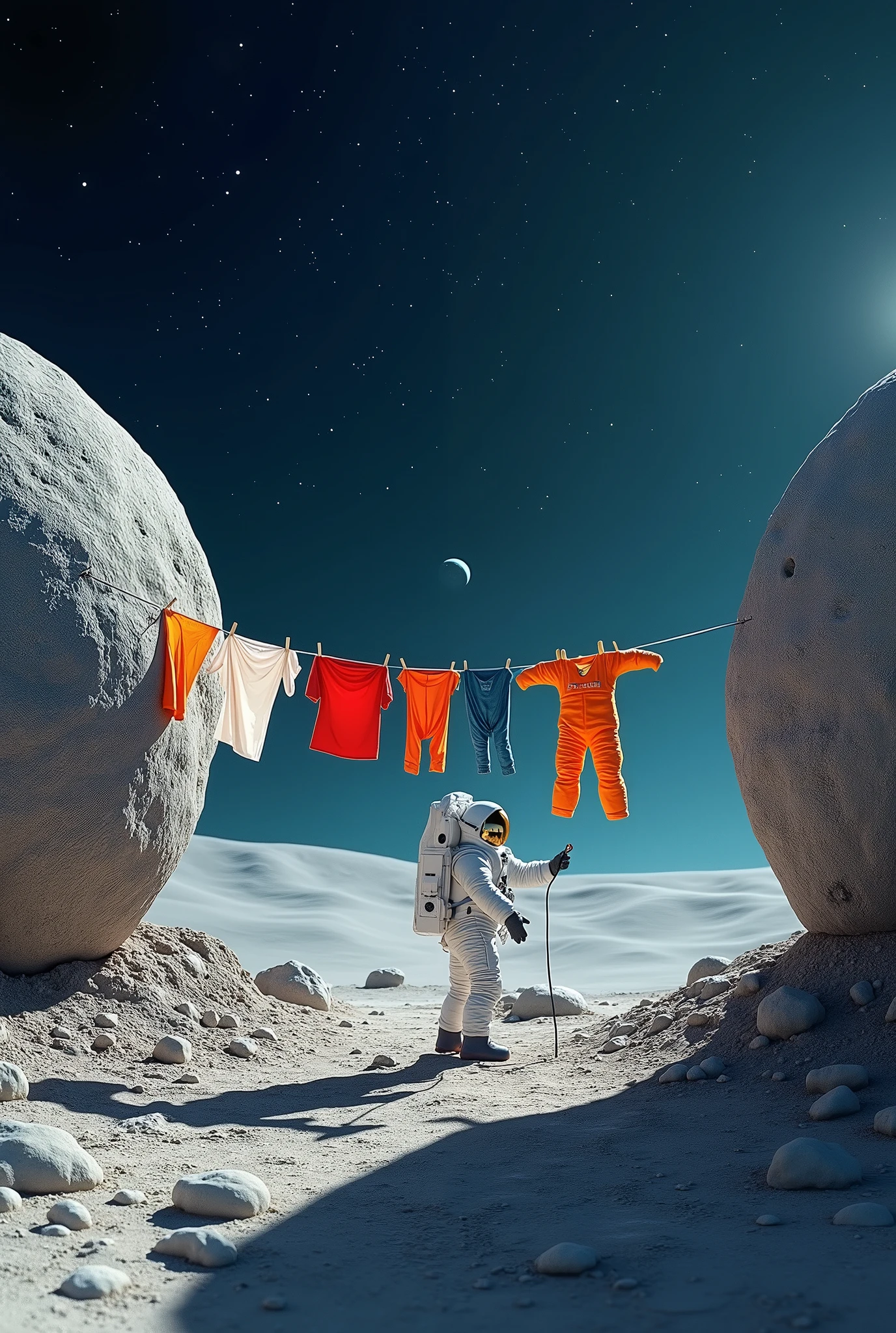 An astronaut hangs spacesuits and flags on a clothesline that stretches between two moon rocks, with the clothes floating slightly due to low gravity.