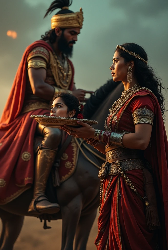 A rajput warrior is holding A severed head of a beautiful hindu rajput princess in a plate in front of hindu king ( who is sitting on the horse and looking very aggressive)