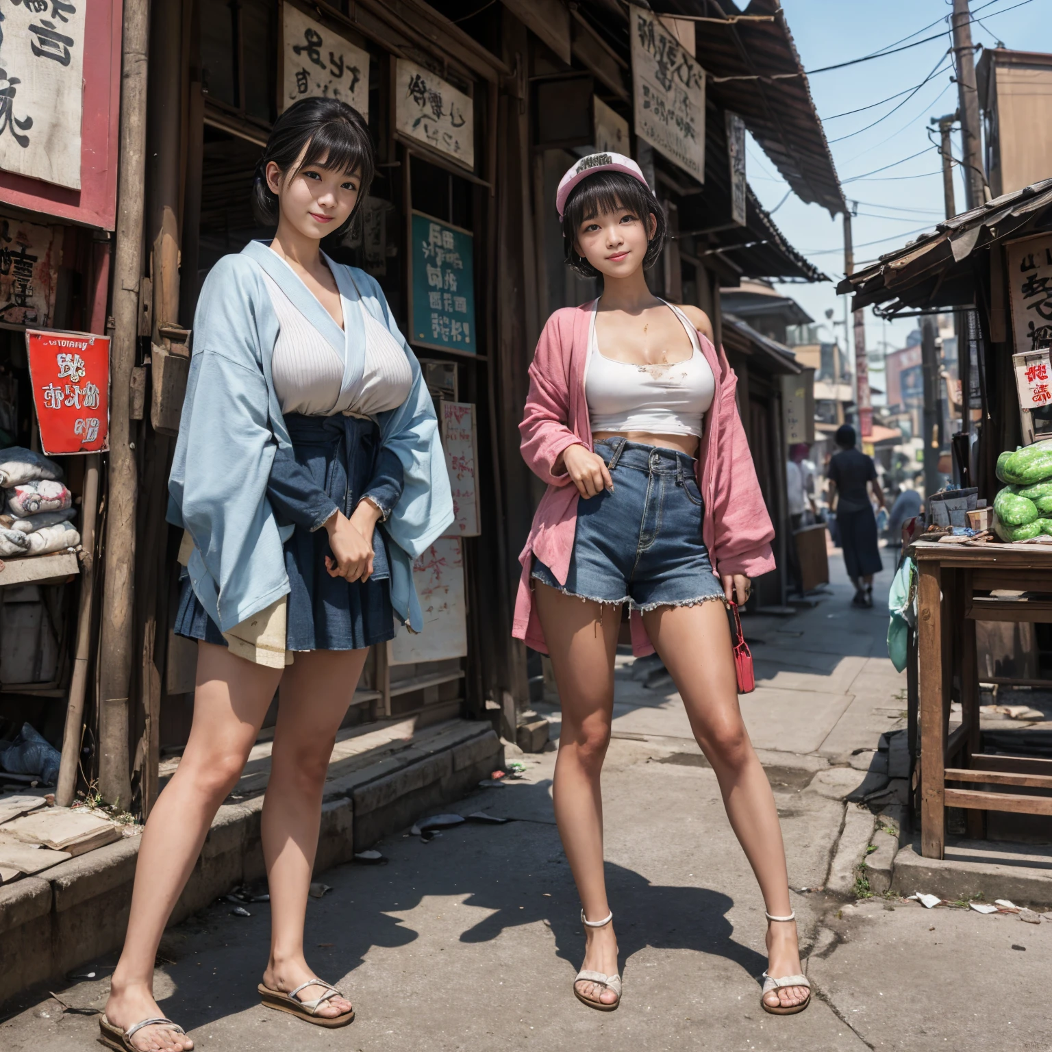 ((masterpiece、Highest quality))、Beautiful girls gather.、Three girls in summer clothes、clothes、(Showa Retro:1.2)、(Detailed and cute face:1.3)、(Poor conditions、Japan's poor neighborhoods、Dim and unsanitary、Standing Bar、みんなで楽しくdiet、Crumbling shopping mall)、屋台のdiet店、stage、sewage、Dirty shop、street vendors、Unsanitary and abandoned city、smile、diet、Poor person々