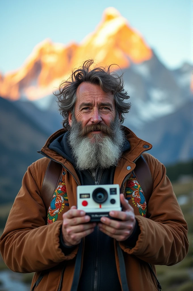 a man holding an old polaroid camera in front of a mountain with a beard, inspired by Robert Peak, pexels contest winner, holding polaroid camera, instant photography, beautiful polaroid photo, realistic polaroid picture, real polaroid photo, polaroid effect, 3D effect ultra-detailed intricate insanely full HD, spotlight embroidery, accents,, 