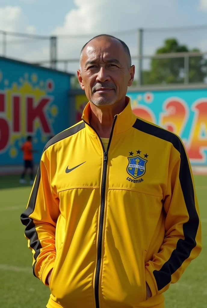 A Brazilian football coach , Cao Cao , with 50 years , shaved head , light tan , with yellow and black tracksuit , urban country writing , in a football school training environment , 3d style 8k
