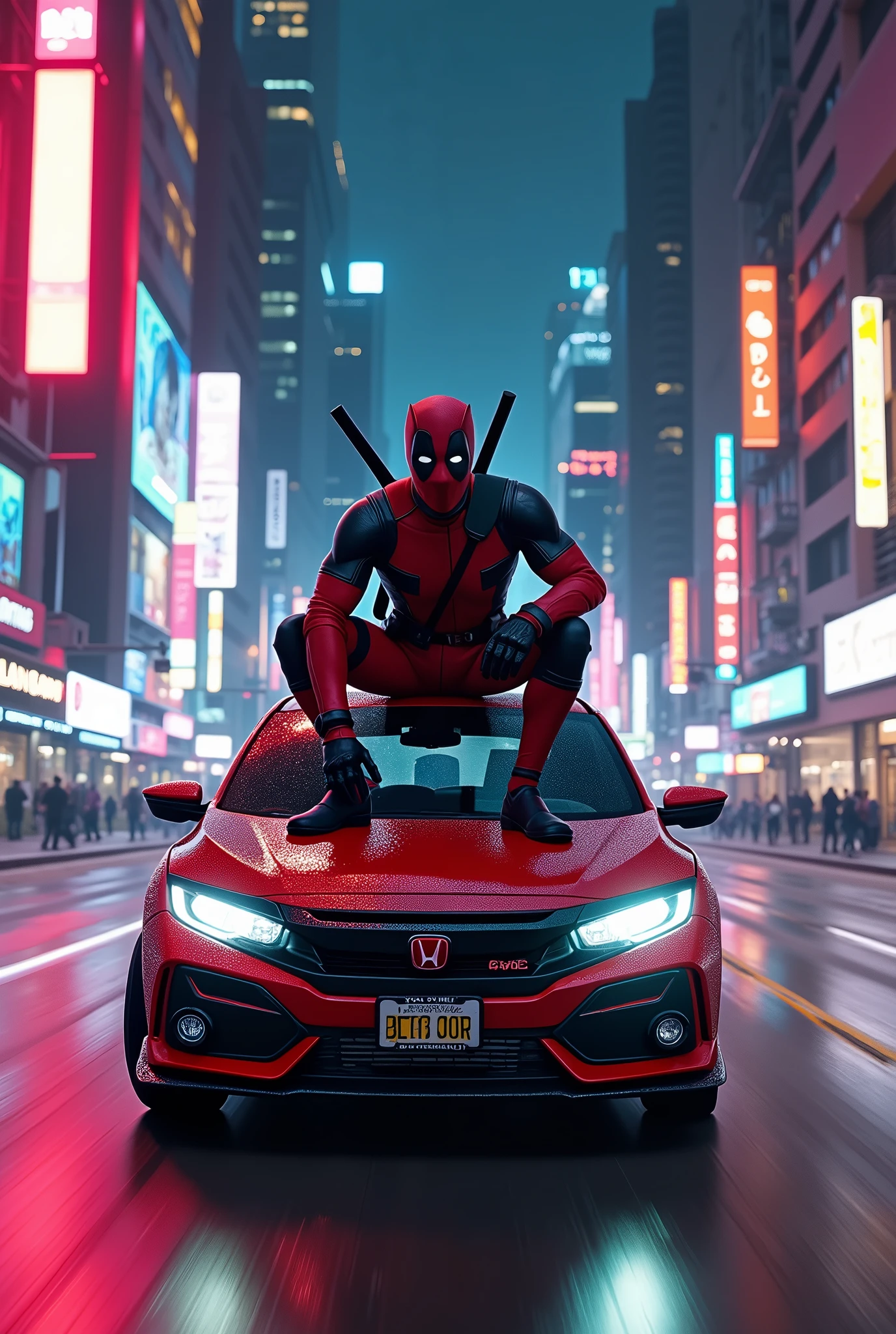 (photorealism:1.2), deadpool is on top the civic car ducking and holding at the civic rooftop, thecar run so fastly, at nights so many colored streetlights, at the cyberpunk city
