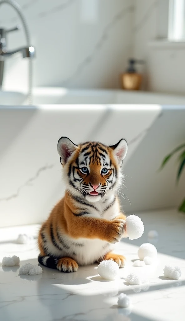 A cute little tiger, sit on the floor,With a big belly like a big balloon,Big bright eyes, Fluffy, Delicate and exquisite, Real version of tiger cub,Play with real white foam in the bathroom,Pure white high-end bathroom background