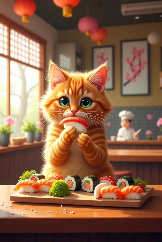 Cat eating sushi