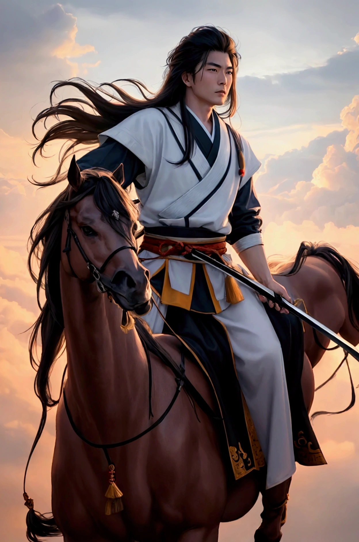 Best quality, Masterpiece, Ultra-high resolution, (photograph realistic:1.4), Dream-like,fusionart, A man holds a sword, Handsome Asian face Twenty-seven years old, Draw Lü Bu riding a horse, holding a halberd, with his cloak billowing and the horse lifting its front two legs. Set against the backdrop of the Three Kingdoms battlefield,
