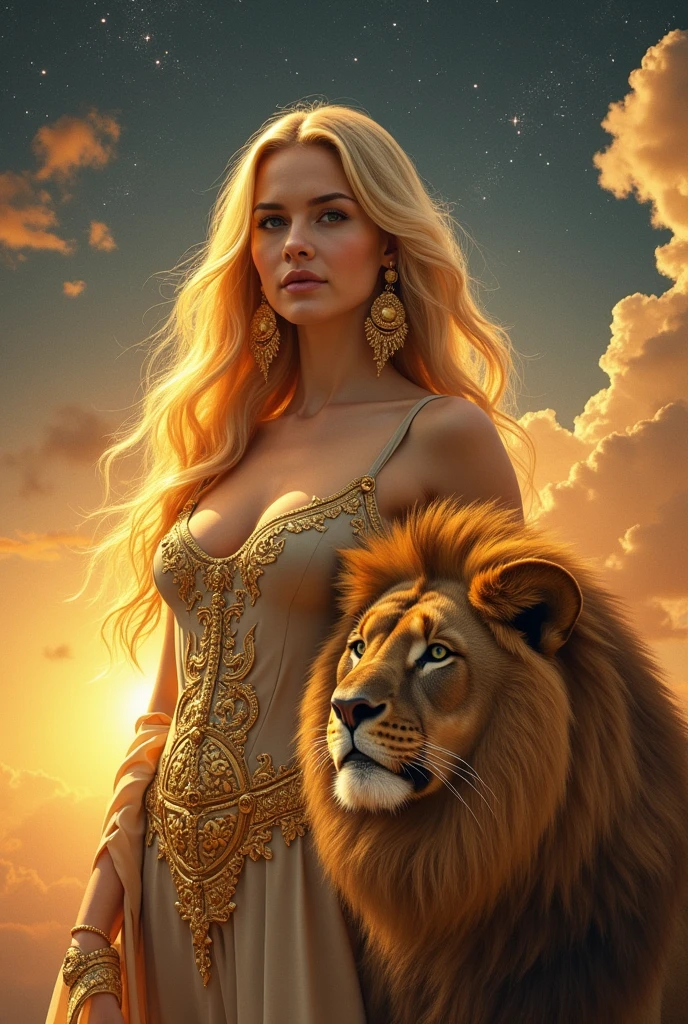 A blonde woman, Magic Golden Leo astrolabe，Yellow-haired people，Next to the lion.
