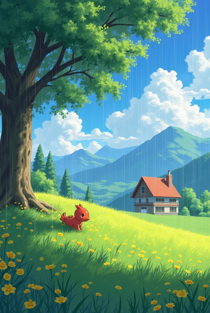 outdoors, grass, cloud, tree, no_humans, rain, sky, scenery, day, cloudy_sky, flower, english_text, house, mountain, nature, building, pokemon_(creature), fake_screenshot, copyright_name, yellow_flower