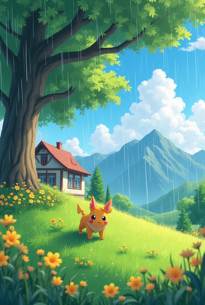 outdoors, grass, cloud, tree, no_humans, rain, sky, scenery, day, cloudy_sky, flower, english_text, house, mountain, nature, building, pokemon_(creature), fake_screenshot, copyright_name, yellow_flower