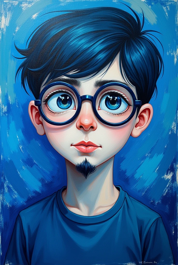 an amateur expressionist self portrait of a young 16 year guy with round glasses and a small goatee. the predominant color of the self-portrait is blue