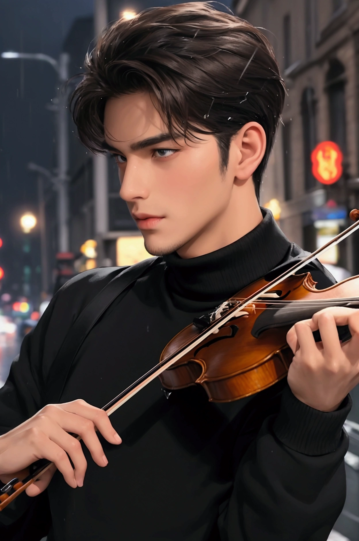 Top Quality, Masterpiece, Ultra High Resolution, close-up photo of a handsome man on the street, playing violin, on the night with pour rain, has short, messy dark brown hair, amber-colored eyes, typical clothing like a street busker in Paris, France; wear black turtleneck shirt, NO mustache or beard, white skin color slightly tanned.