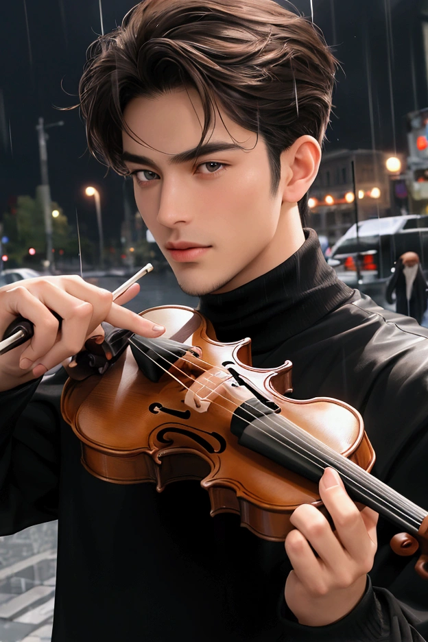 Top Quality, Masterpiece, Ultra High Resolution, close-up photo of a handsome man on the street, playing violin, on the night with pour rain, has short, messy dark brown hair, amber-colored eyes, typical clothing like a street busker in Paris, France; wear black turtleneck shirt, NO mustache or beard, white skin color slightly tanned.