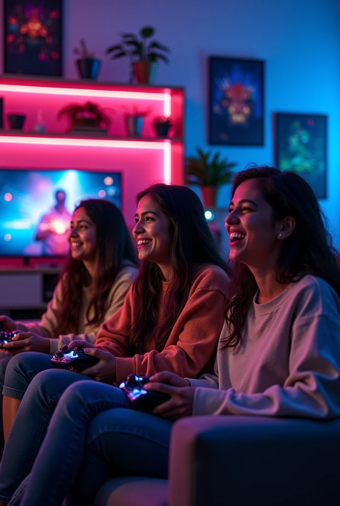 Need pic of Indian womens playing game on console with a gaming background