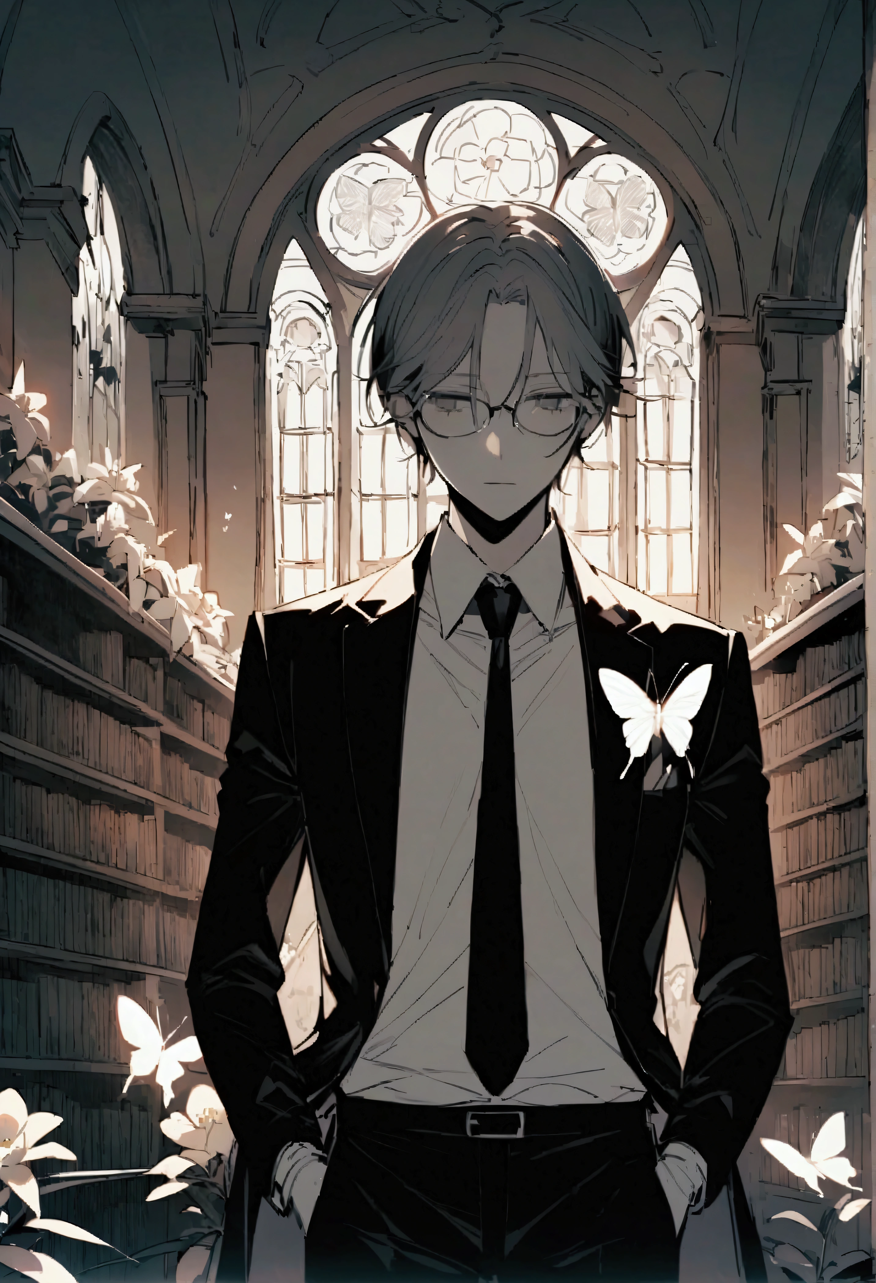 Masterpiece、Highest quality、Super detailed、library、Bookworm、Reading lover、Insect Man、librarian、suit、Expressionless、Insects bite、stomach flu、Insect's Breath、It's like I've had a bitter experience.、It makes me sick、Butterflies and flowers