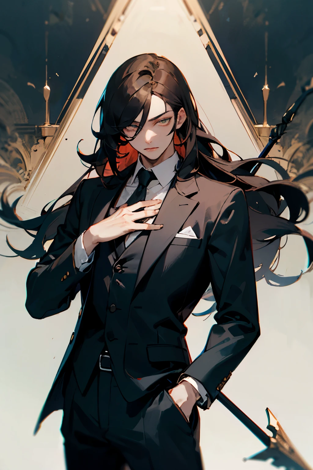 ((best quality)), ((masterpiece)), (detailed), Male, long hair, dark hair, emerald eyes, wearing suit, holding spear, ager