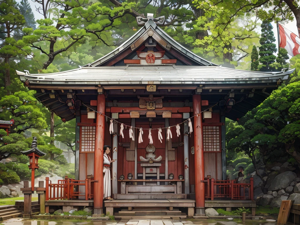 there is a small wooden structure with a flag on it, japanese shrine, shinto shrine, shrine, shrines, near a japanese shrine, japanese temple, inspired by Gusukuma Seihō, a temple, mythical shrine, inspired by Masamitsu Ōta, inspired by Sesshū Tōyō