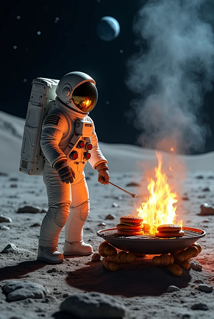 An astronaut in front of a lit grill, cooking burgers and sausages, with barbecue smoke rising slowly into the lunar atmosphere.