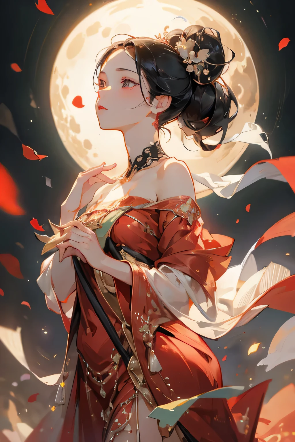Best quality, masterpiece, ultra high res, (photorealistic:1.4), raw photo, 1mature woman, red long mouslem kebaya gown, off shoulder, black eyes, blossom flower field, under the moon, night sky, glowing skin, black big bun, calm face, dancing pose, accurate, detailed hand, detailed eyes, detailed face, detailed body, javanese style, prambanan temple