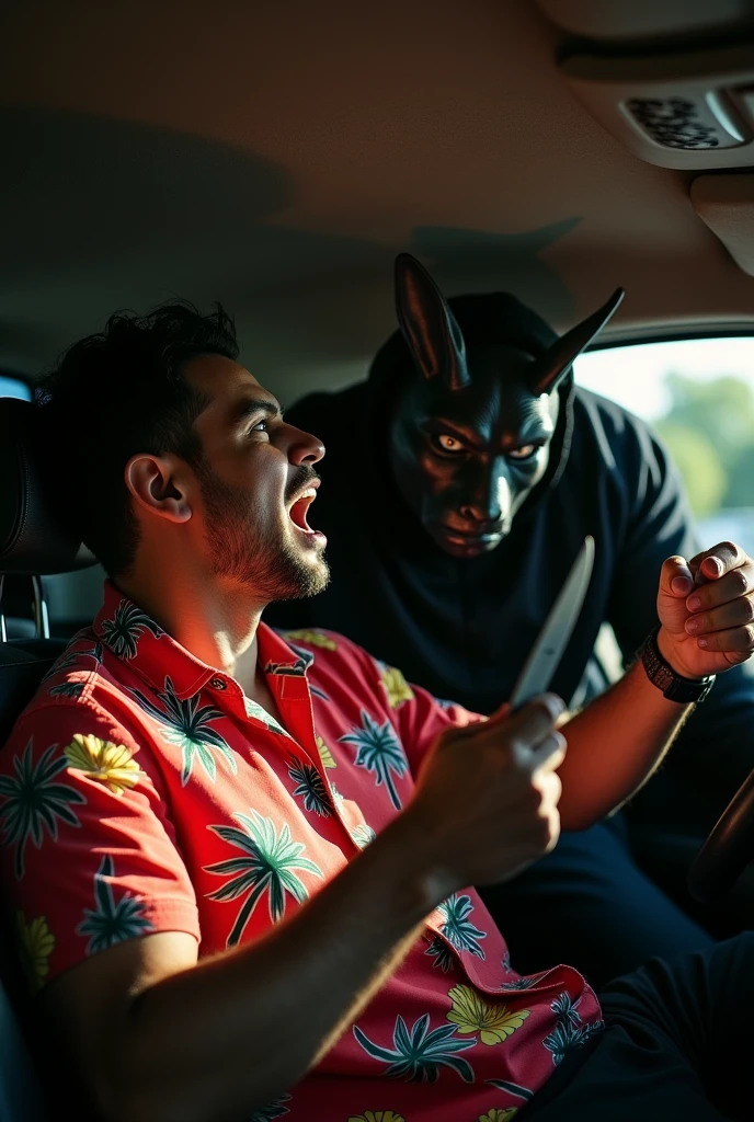 
Man in red Hawaiian shirt being attacked by a killer in a rabbit mask wearing black clothes and brown shoes with a knife inside the car