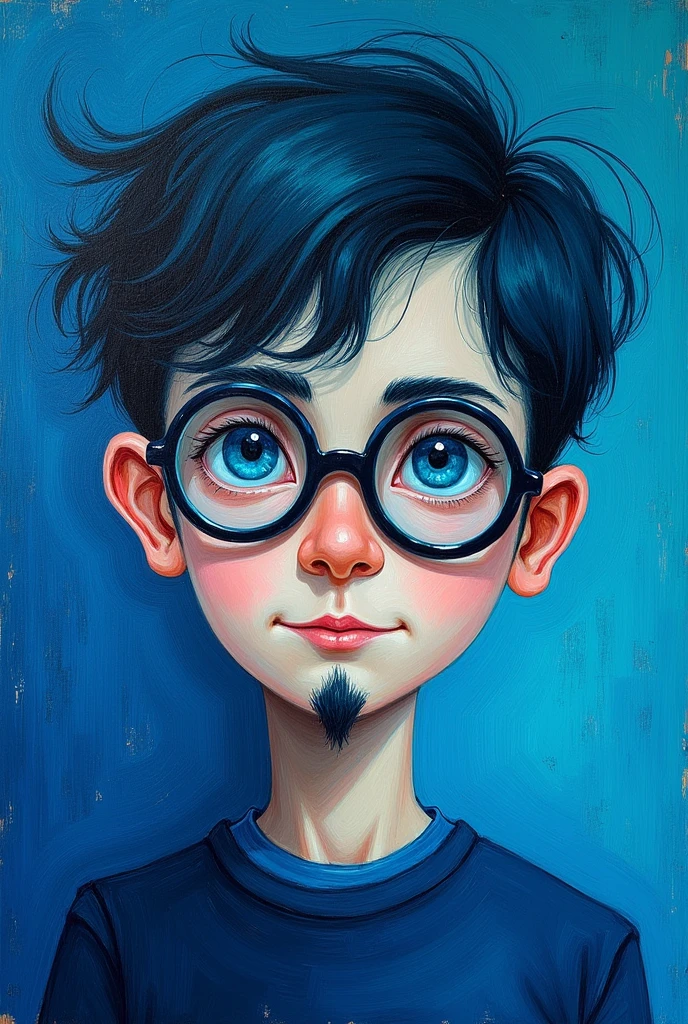 an expressionist self portrait of a young 16 year guy with round glasses and a small goatee. the predominant color of the self-portrait is blue
