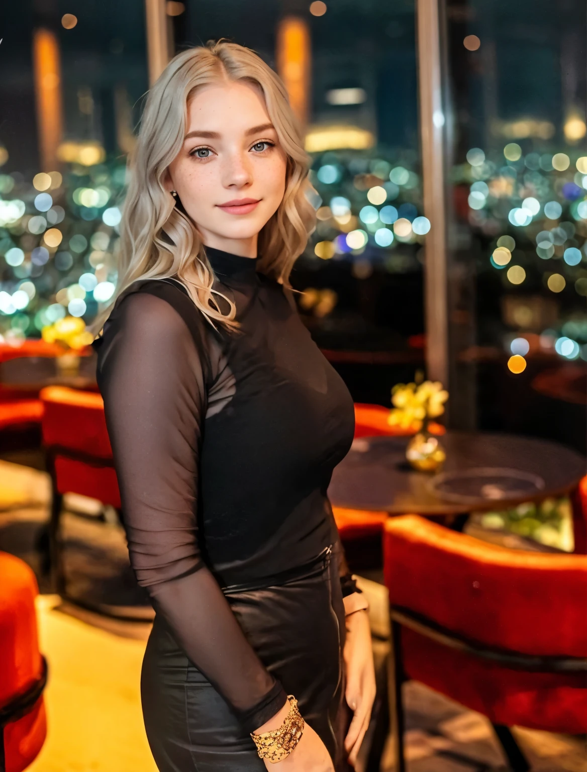 Face of a woman, americana, age 25, pale skin and freckles, grey-eyed, delicate nose, soft and delicate lips, Long Wavy Gray Blonde Hair, Sweet smile, cabelo solto e cheio