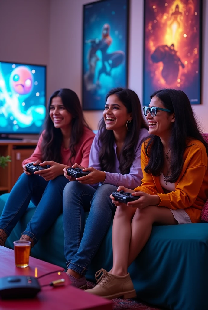 Need pic of Indian womens playing game on console with a gaming background