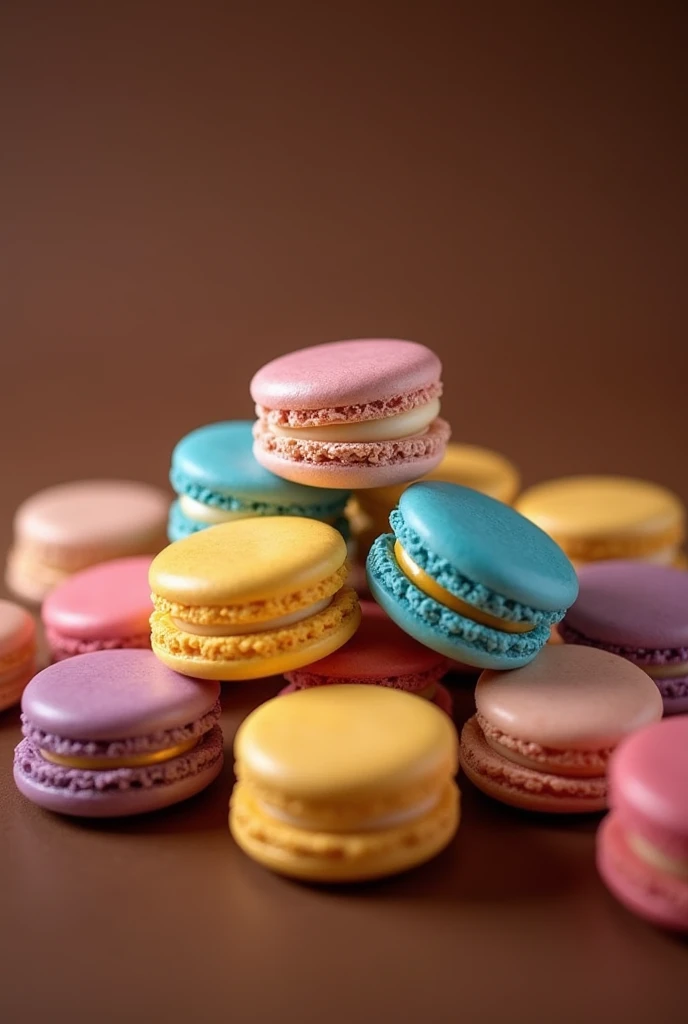 Colorful macarons on a brown background. The inside of the macarons is not necessary. Make the background a little darker by leaving some space.
