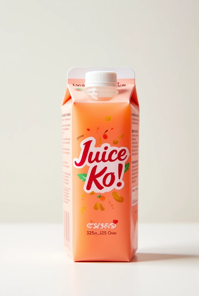 A sleek, modern paper cartoon container with a transparent label showcasing the product information, standing upright on a minimalist white background, filled to the brim with 325ml of vibrant, apple juice flavor, its creamy orange red color glistening in the subtle lighting, with the brand name 'Juice Ko!' emblazoned in bold, playful, cursive script with rounded edges, in a deep coral pink hue, adorned with tiny, illustrations of guyabano leaves and fruits, surrounded by a thin, white outline, adding a touch of whimsy and fun to the overall design.