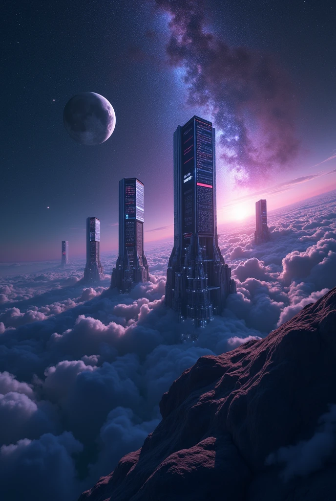 Add Oracle Logos, postges, vertical, sql, orbiting. Space stations made of database servers. In the corner is a nebula with the Yandex logo