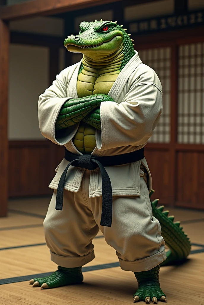 Green crocodile, wearing a judo outfit, with muscles and arms crossed Looks fierce and cool.