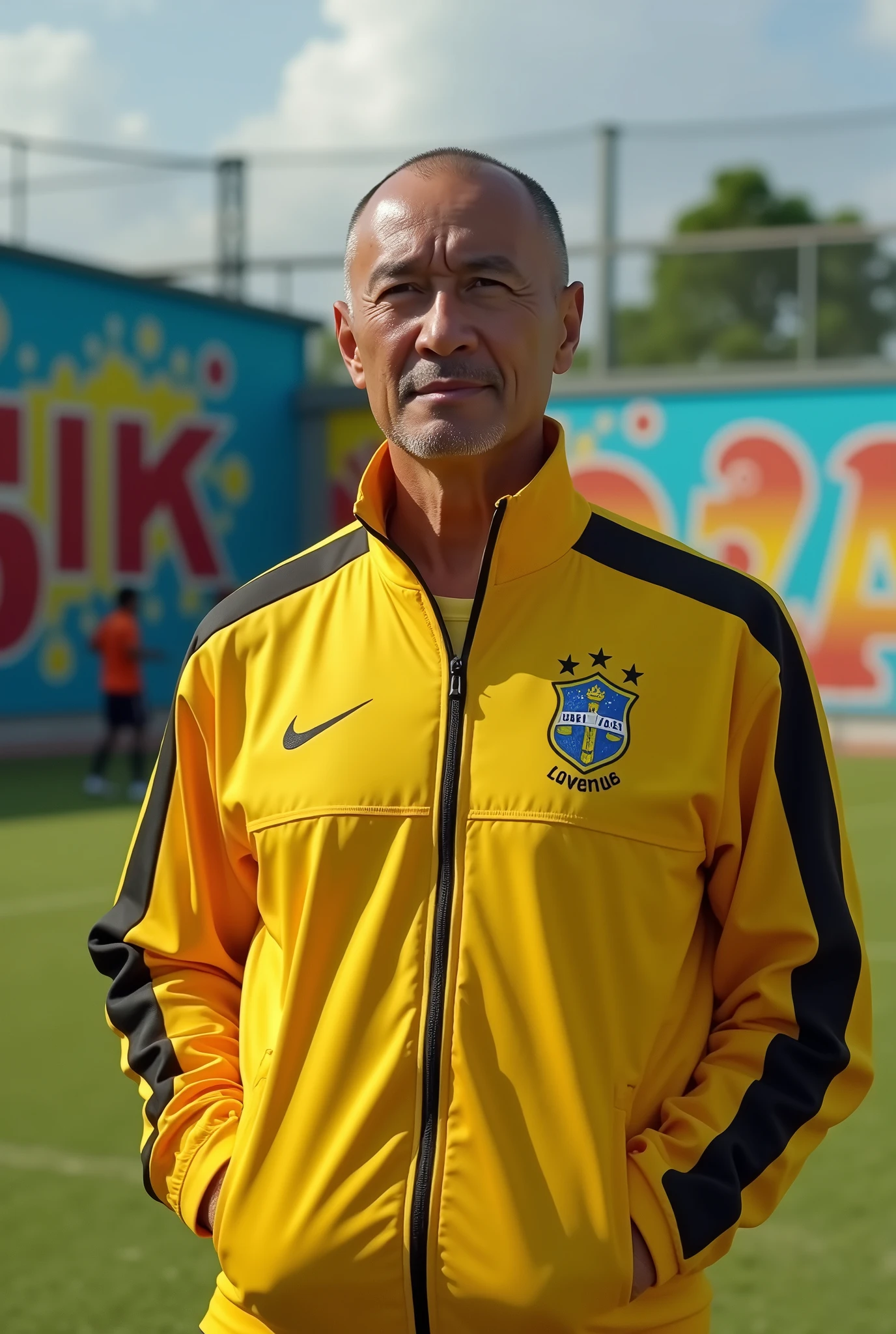 A Brazilian football coach , Cao Cao , with 50 years , shaved head , light tan , with yellow and black tracksuit , urban country writing , in a football school training environment , 3d style 8k