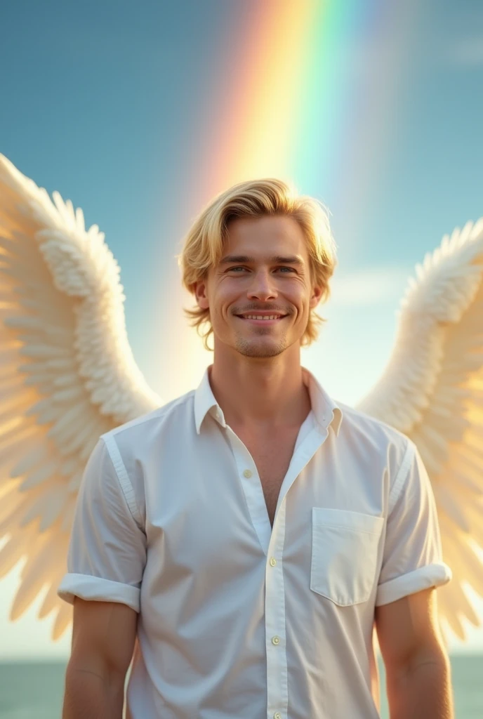 Blonde,White,Handsome young man in his 30s,Mysterious Face,Blue eyes that seem to be sucked in,Angel&#39;s wing,Enlarged image from above,A white shirt shows off your pectoral muscles,Hair is a little longer,No beard.,Kind Face,Healing Face、Facing forward and looking at the camera,Plump Cheeks,There is a rainbow in the background,Broad shoulders,Smiling