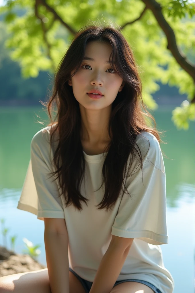 asian woman wearing ((oversized t-shirt)), , messy hair, long hair, very realistic, 4k, medium breasts, masterpiece, beautiful, facing the viewer, headshot, pale skin, white skin, ((nasolabial folds) ) , skin colored lipstick, DSLR RAW PHOTO, 8K, POV, canon 5d, 85mm, sitting by the lake under a tree.