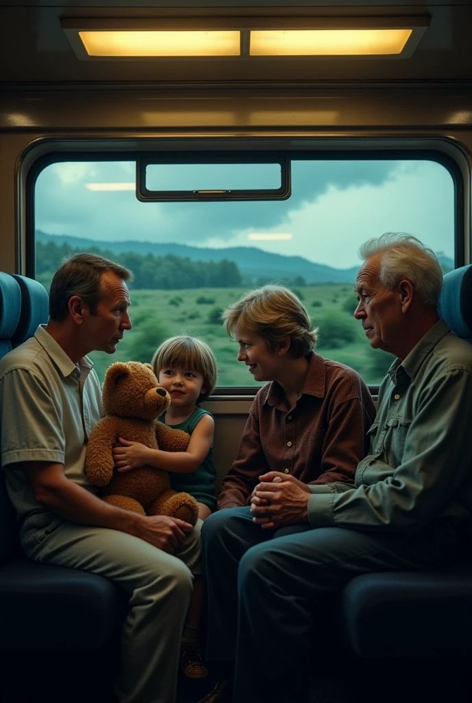 Generate the image for Four people of different ages travelling in train and scared