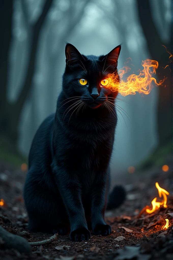 A cat with flames coming out of its eyes