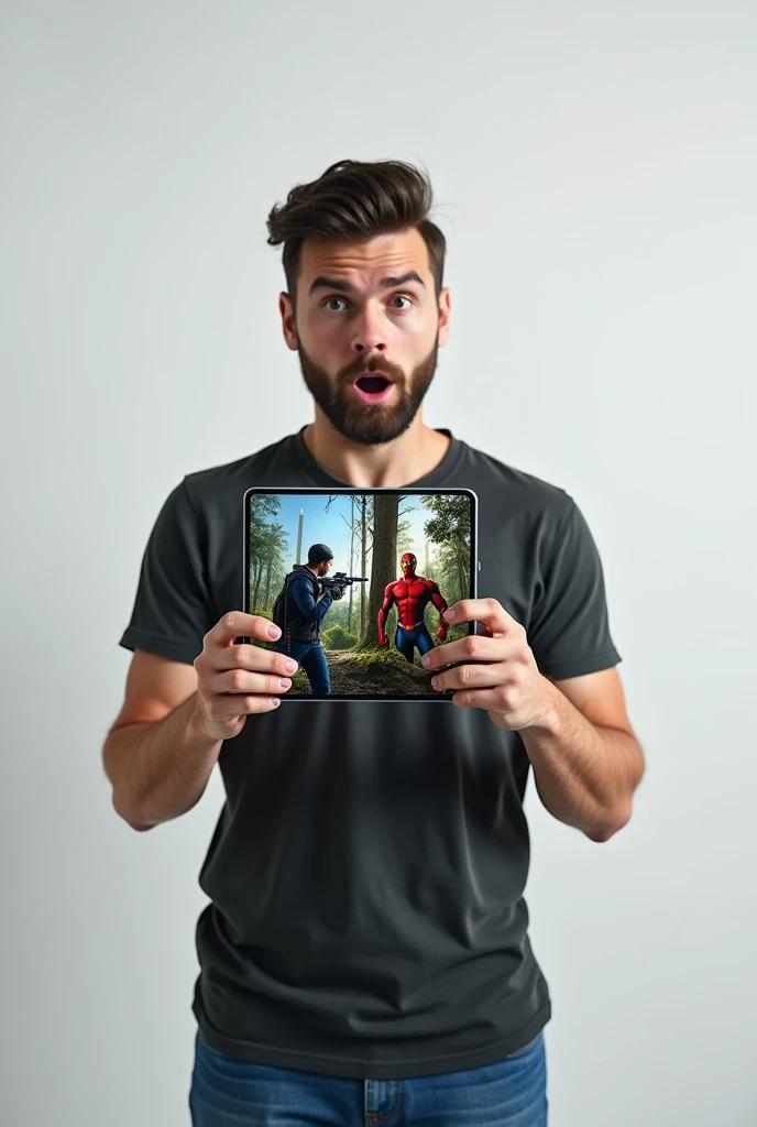 "Create an image of a person holding a foldable smartphone with a surprised expression. The smartphone screen is split into two parts: the left side shows a first-person shooter game in a forest setting, while the right side displays two superhero characters, one in a red suit with black accents and the other in a yellow and blue suit, standing together in a similar forest environment. The background should be plain to keep the focus on the person and the phone. The person should have a modern hairstyle, trimmed beard, and be casually dressed."