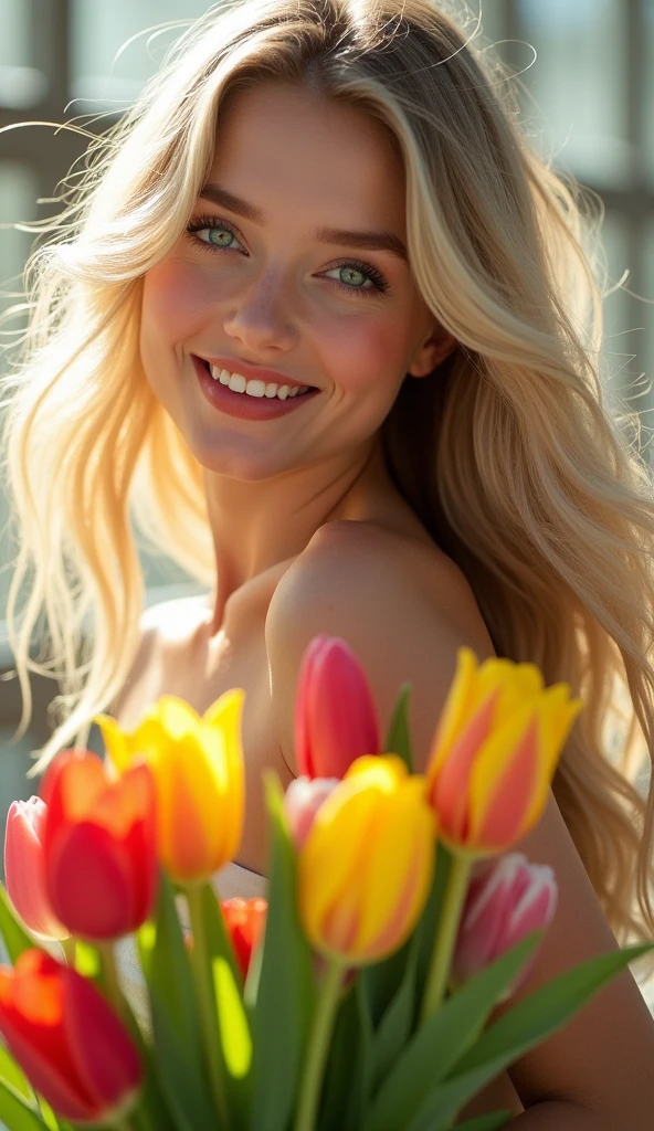 (best quality,ultra-detailed,photo-realistic:1.37),bright and vibrant colors,studio lighting,playful expression,stylish makeup,long blonde hair flowing in the wind,alluring eyes,glossy lips,sexy pose, Tulips, smiling in a confident and seductive way,posing for a professional photoshoot,shallow depth of field,highlighting the main subject,soft natural lighting,creating a dreamy and magical atmosphere.