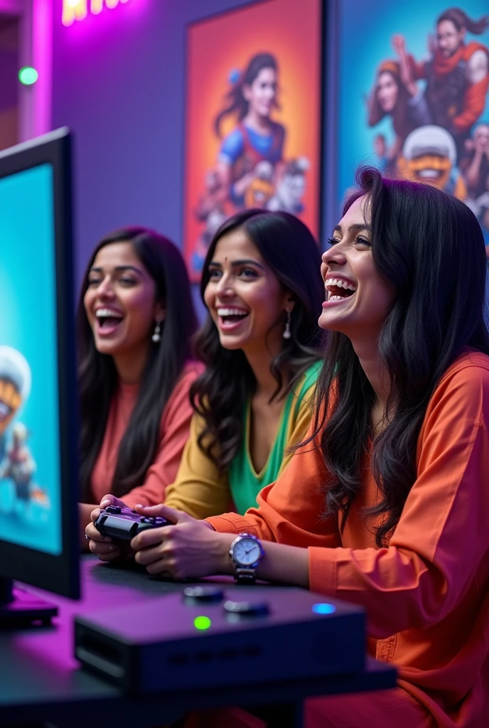 Need pic of Indian womens playing game on console with a gaming background