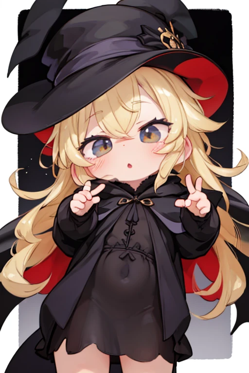 Cute little guy, blonde hair, fox eyes, cute , chibi, vampire, black cloak, black clothes