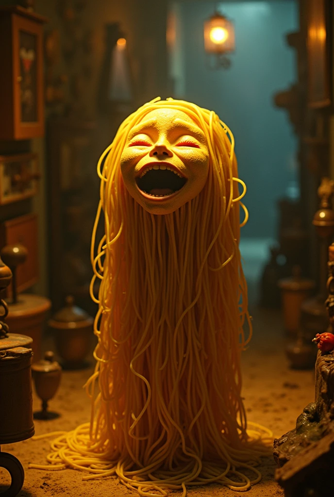 Create a whimsical and artistic scene featuring a single human face-like figure made entirely of spaghetti and pores. This figure should appear to be laughing and crying gracefully. The background should depict a setting with warm, ambient lighting, creating a horror and intimate atmosphere.