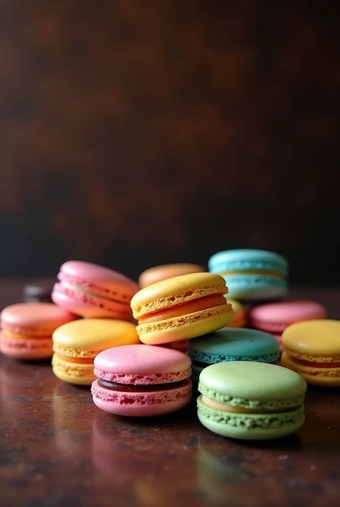 Colorful macarons on a brown and black background. The inside of the macarons is not necessary. Make the background a little darker with a little space.