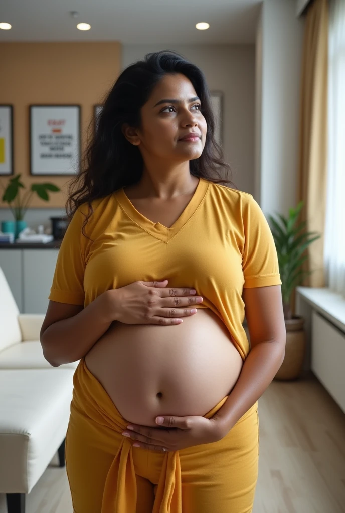An indian woman touching her big belly fat eith both hands who wants to become slim through clinic treatment 